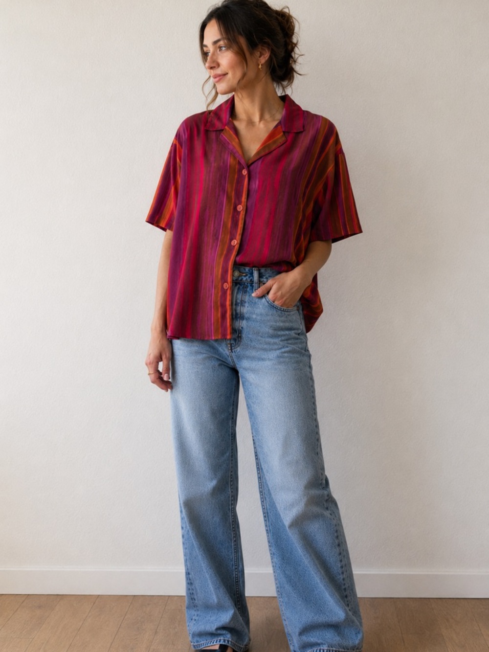 Vintage Teddi 90s Striped Blouse Women’s Large Red Pink Orange Button Front